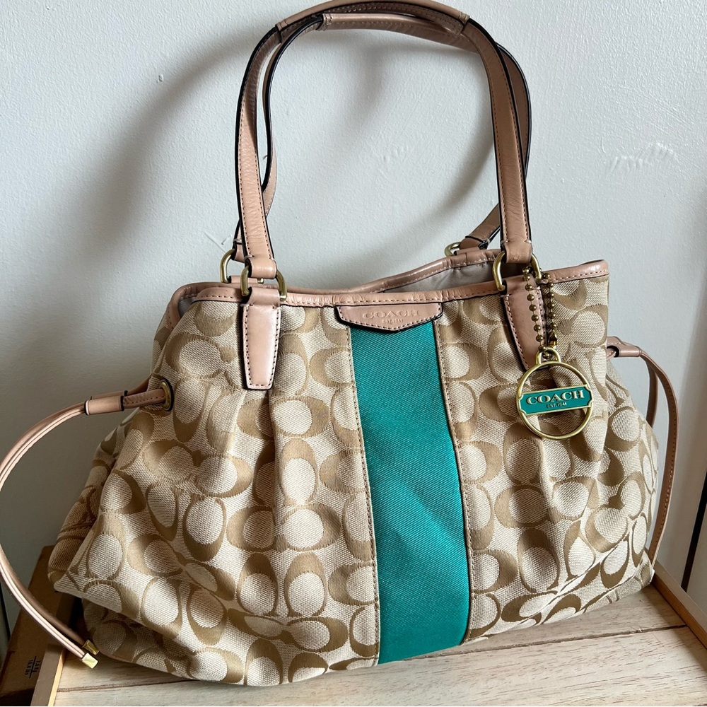 Coach Tan Signature Canvas Tote with Teal Center Stripe - Picture 4 of 16